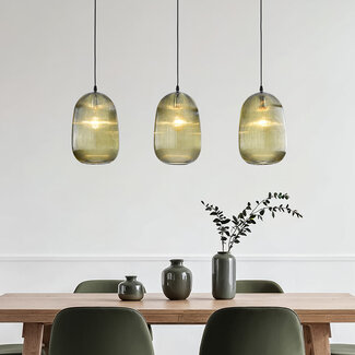 Pendant light with ribbed green glass, 3-bulb - Elisa