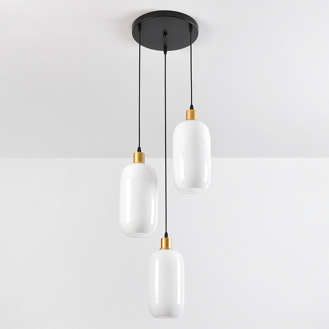 3-light pendant light Laura in opal glass - black and gold
