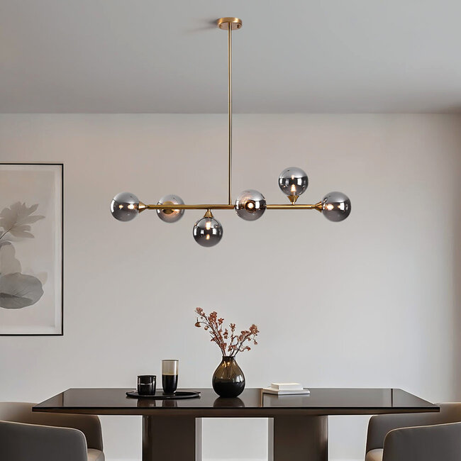 6-light pendant light Aster - gold with smoked glass globes