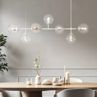 Designer pendant lighting with white frame and opal white or transparent glass - Hepta