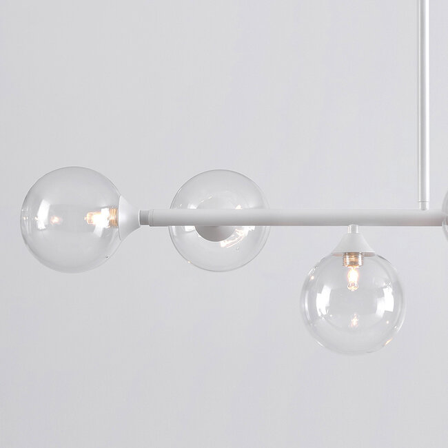 6-light pendant light Aster - white frame with clear glass globes