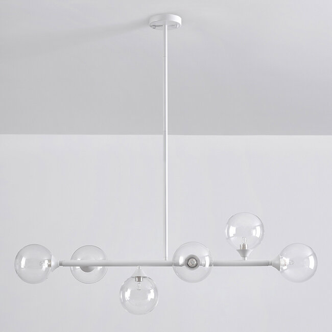 6-light pendant light Aster - white frame with clear glass globes