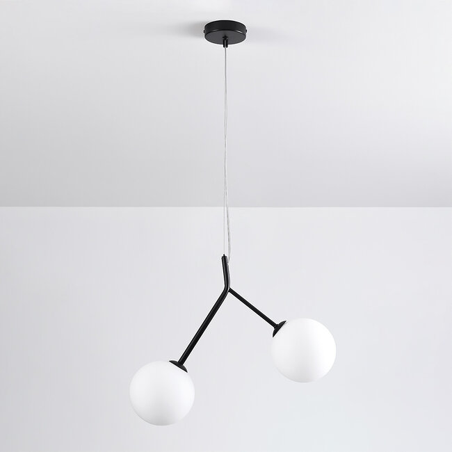 Asymmetric 2-light pendant light Dexter with glass globes