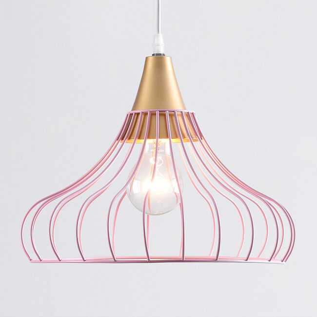 Iron pendant light Maya in a cage design - pink and gold