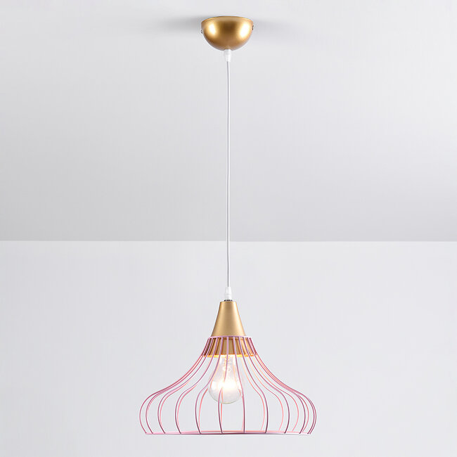 Iron pendant light Maya in a cage design - pink and gold