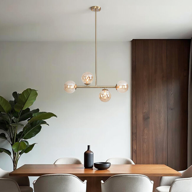 Asun Pendant Light with Golden Frame and Amber Glass Spheres
