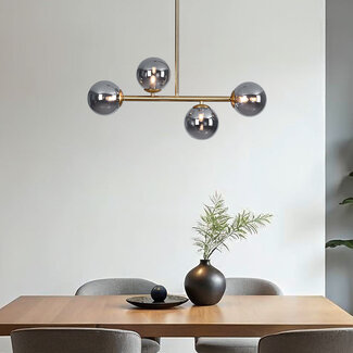 Gold pendant light Asun with smoked glass, 4-bulb