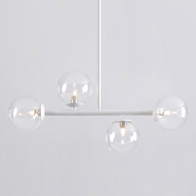 Asun pendant lamp with white frame and transparent glass spheres