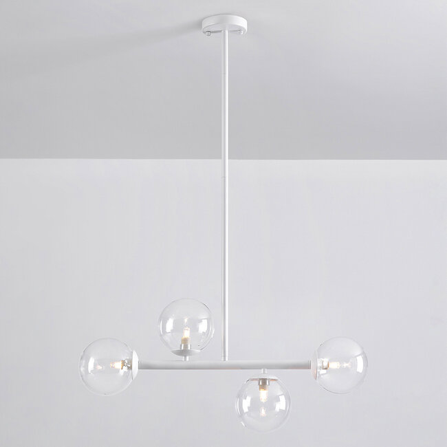 Asun pendant lamp with white frame and transparent glass spheres