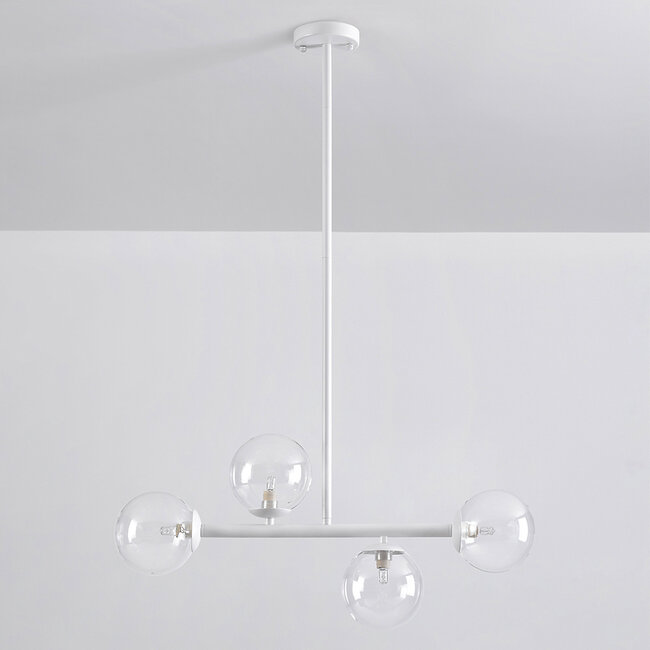 Asun pendant lamp with white frame and transparent glass spheres