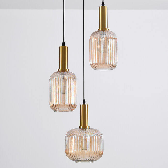 3-light designer pendant light Sita - black and gold with amber glass