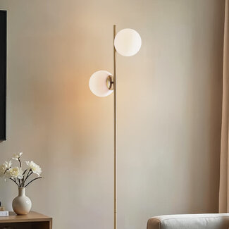 Gold floor lamp with opal glass, 2-bulb - Phae