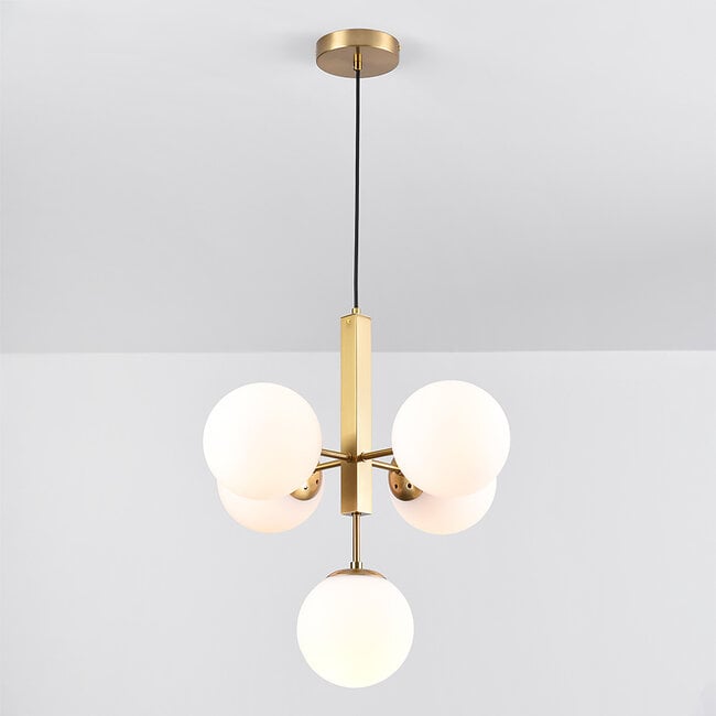 Modern 5-light pendant light Kenji with glass globes - gold