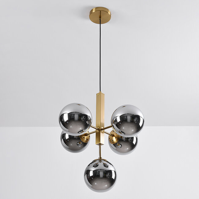 5-light pendant light Kenji - smoked glass with mirror effect and gold