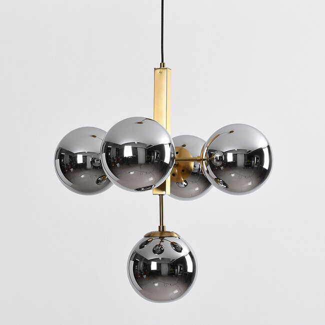 5-light pendant light Kenji - smoked glass with mirror effect and gold
