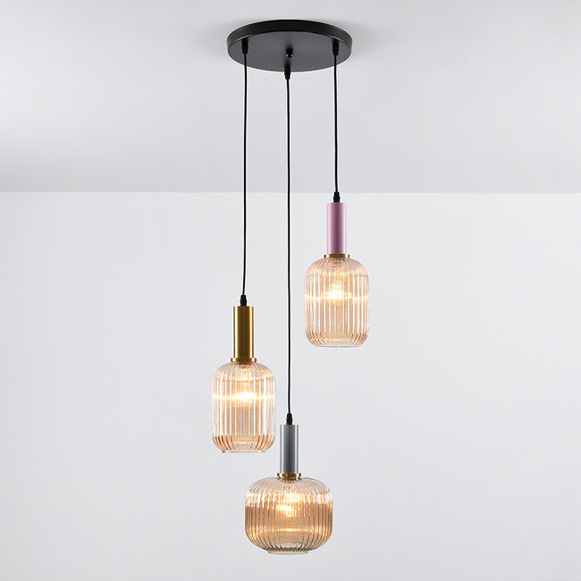 3-light pendant light Amelia with ribbed glass - amber