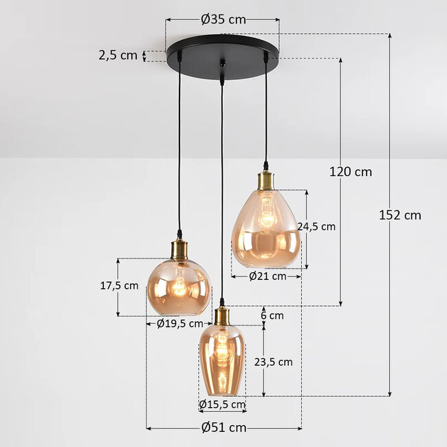 Designer pendant lamp with smooth Amber glass - Verona