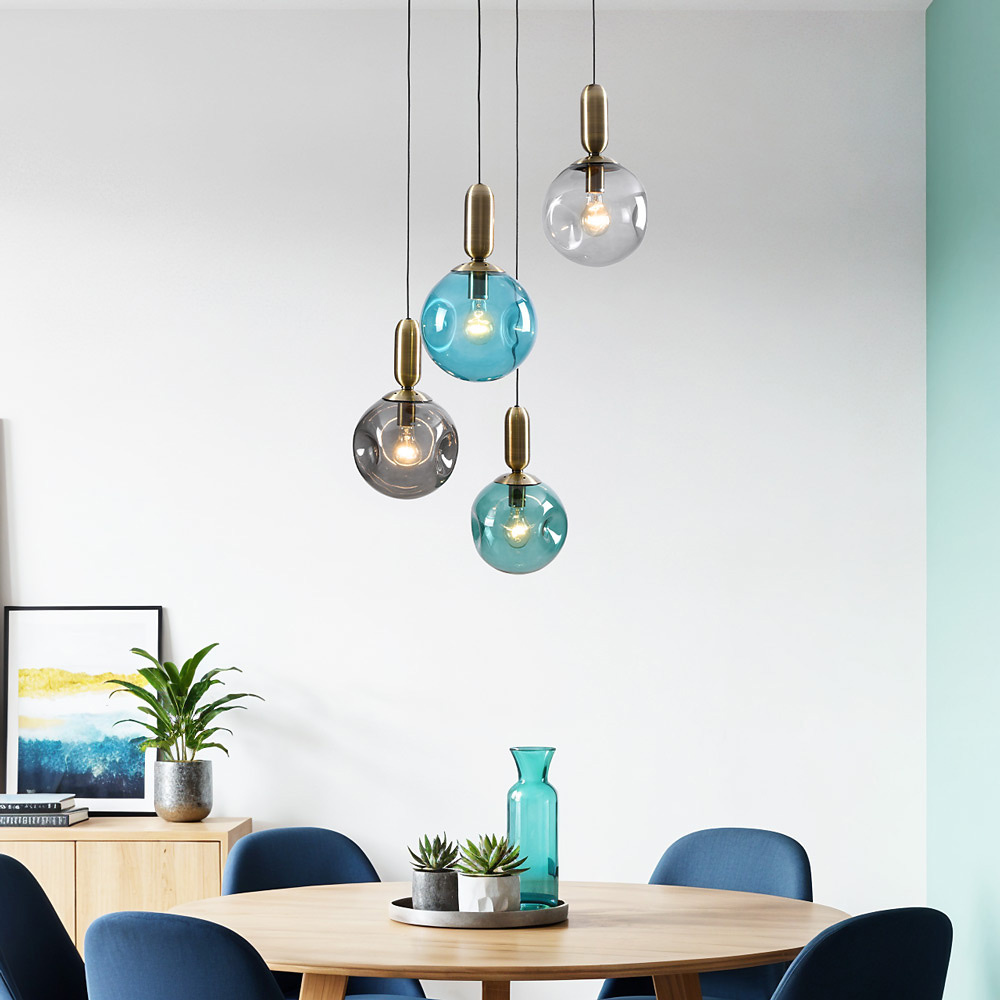 Cluster pendant light Kevin with wavy glass, blue/smoke 4-bulb
