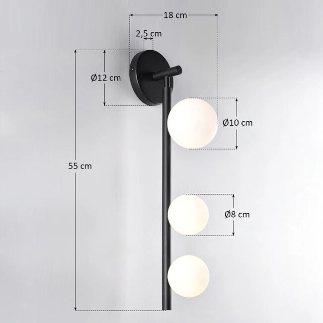 3-light wall lamp Taj with white globes - black