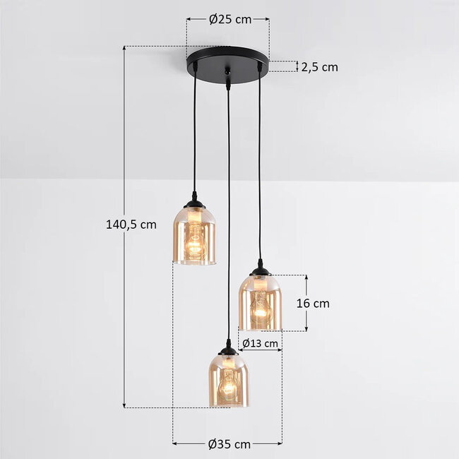 3-light pendant lamp with Amber glass - Kensi