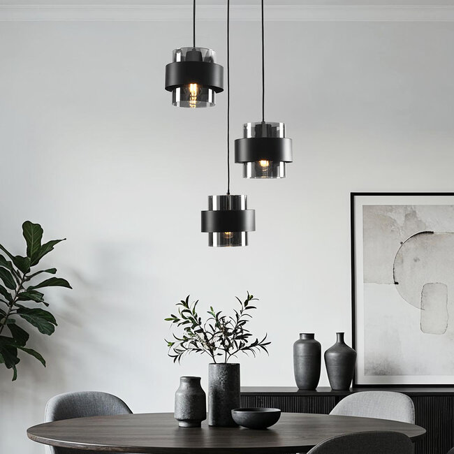 Smoked glass pendant light Fynna black, 3-bulb