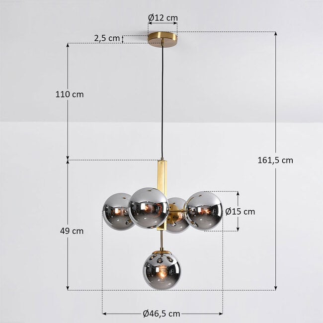 5-light pendant light Kenji - smoked glass with mirror effect and gold