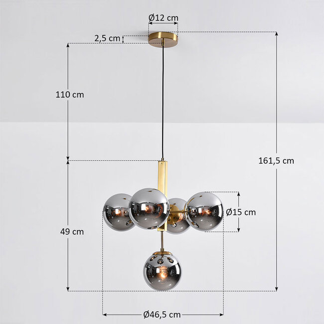 Modern Kenji pendant lamp, 5-light - Smoked glass with Mirror effect