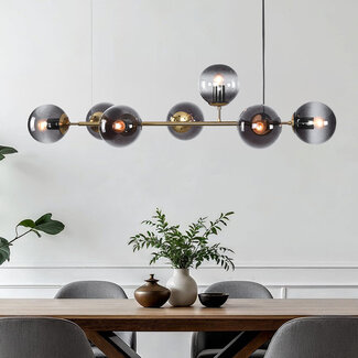 Gold pendant light Sette with smoked glass, 7-bulb