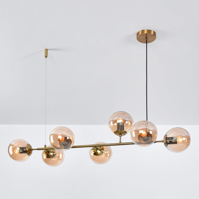7-light designer pendant light Sette - amber glass and gold