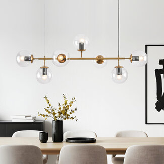 Gold pendant light with clear glass and black fittings, 7-bulb – Hepta