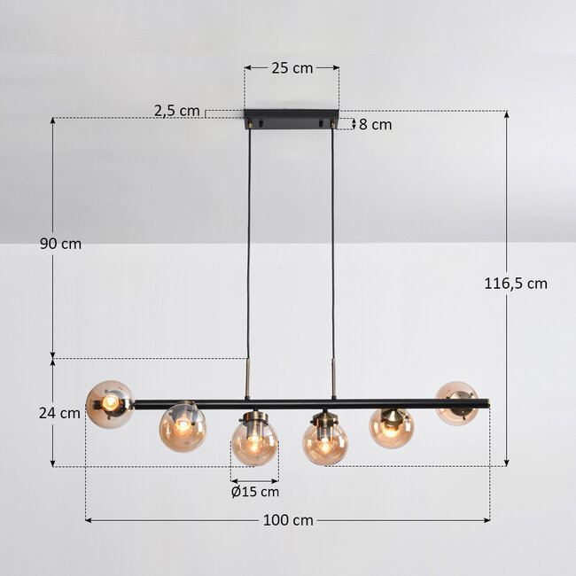 6-light designer pendant light Guadeloupe - black and amber glass