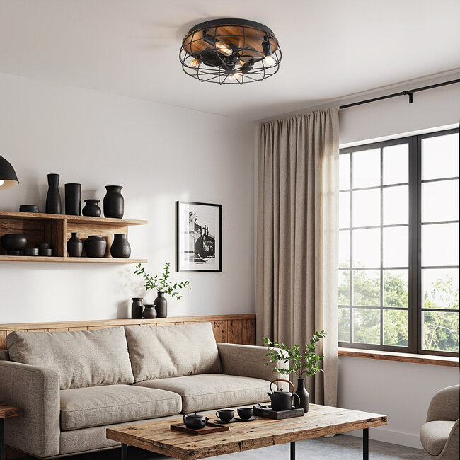 Industrial ceiling fan, Black with Wood effect - Fistik