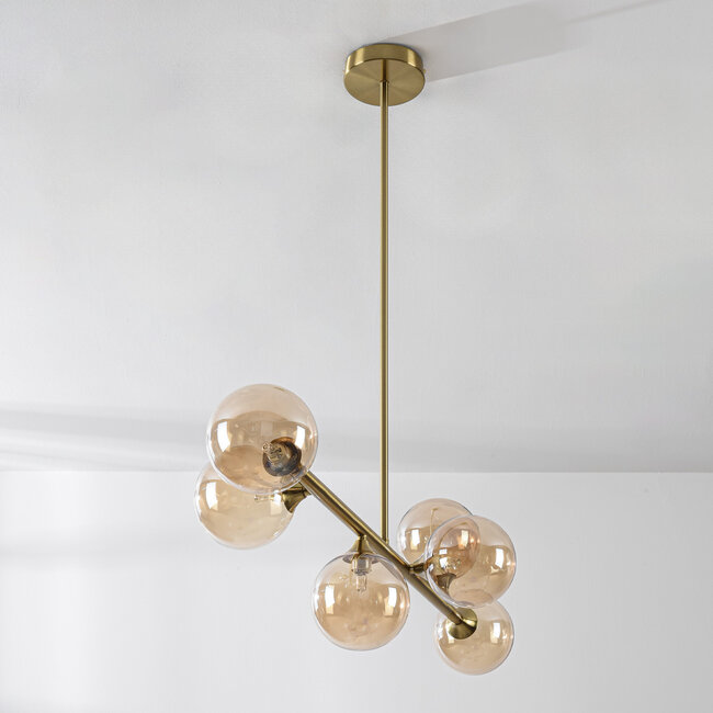6-light pendant light Aster - gold with amber glass globes
