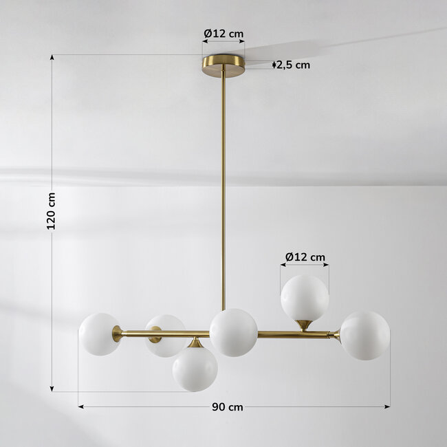 Designer ceiling lamp in Gold with opal white glass, 6-light - Aster