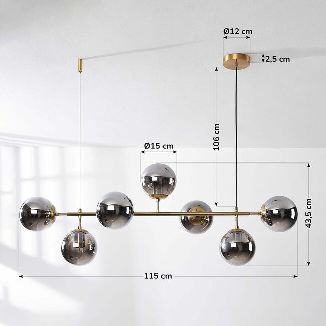 Design pendant light Hepta with smoked glass spheres
