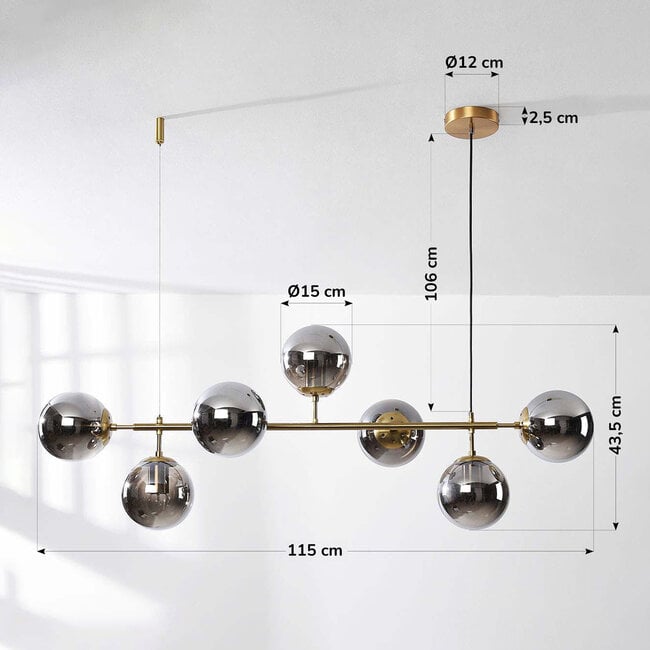 Designer pendant light Hepta with 7 smoked glass globes