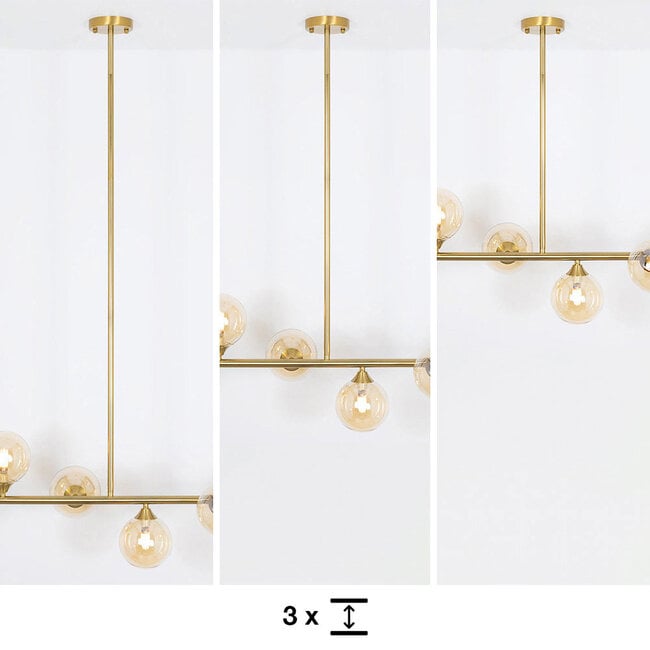 6-light pendant light Aster - gold with amber glass globes