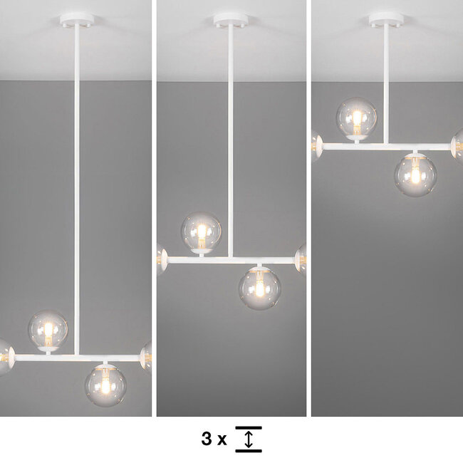 Asun pendant lamp with white frame and transparent glass spheres