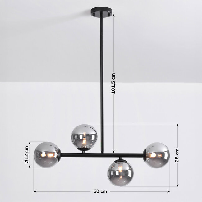 Black Designer lighting ceiling lamp with smoked glass, 4-light - Asun
