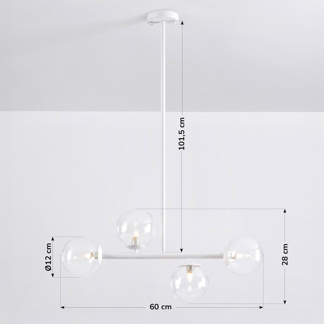 4-light pendant light Asun - white frame with clear glass globes