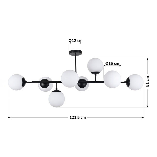 8-light ceiling light Osem - black with milk-white glass globes