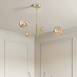 Designer ceiling light Stiri gold with amber glass, 4-bulb