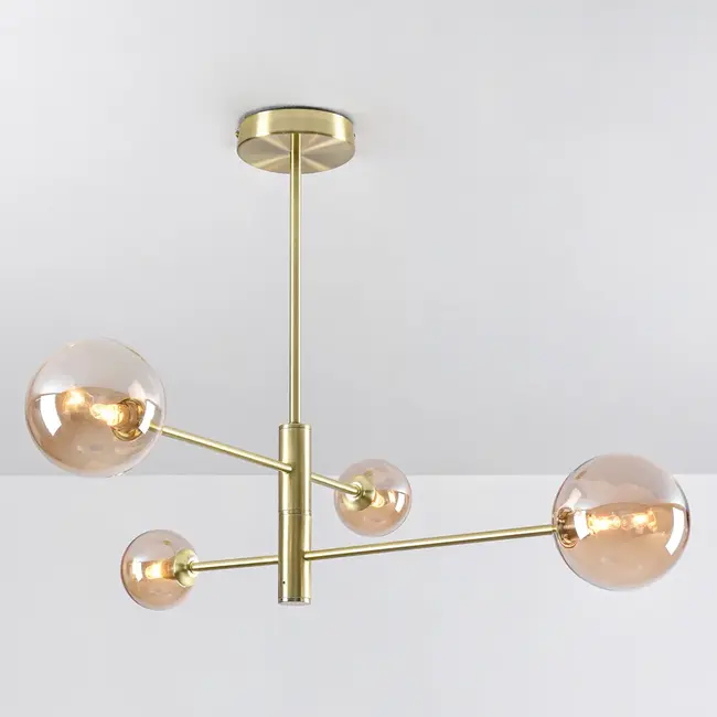 Golden ceiling lamp Stiri 4-light with Amber glass