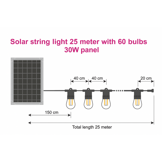 Solar string lights 25 metres with 50 or 60 double filament lights, 30W Solar panel