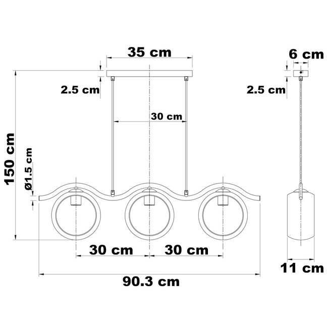 Modern pendant lamp with round Amber glass, 3-light - Curvatura