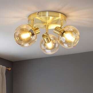 Round ceiling lamp in Gold with Amber glass, 3-light - Jenthe
