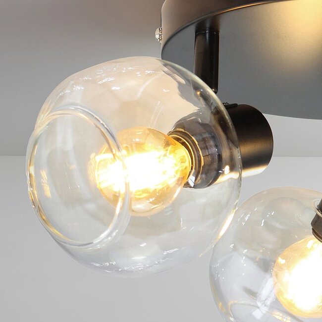 Round ceiling lamp, black with transparent glass, 3-light - Jenthe