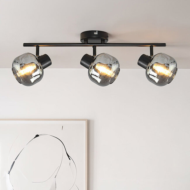 Black ceiling lamp with smoked glass and Mirror effect, 3-light - Jenthe