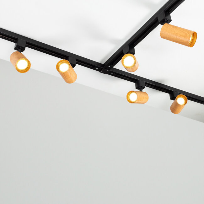 Modern 1-phase track lighting system, 3 metres, Black with mahogany wood effect - Loek