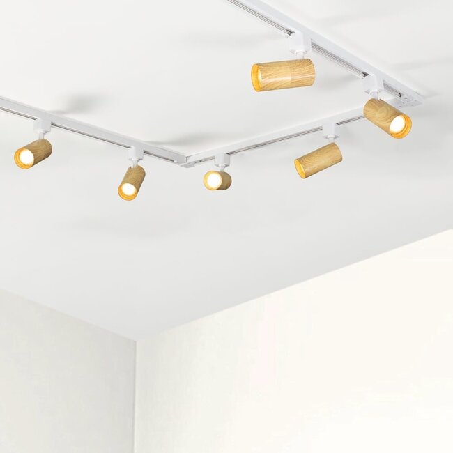 1.5 metre 1-phase track system set with Loek spotlights, oak wood-effect detail